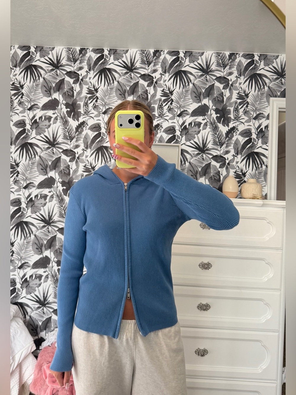 Brandy Melville Blue Zip-Up Ribbed Hoodie Sweater